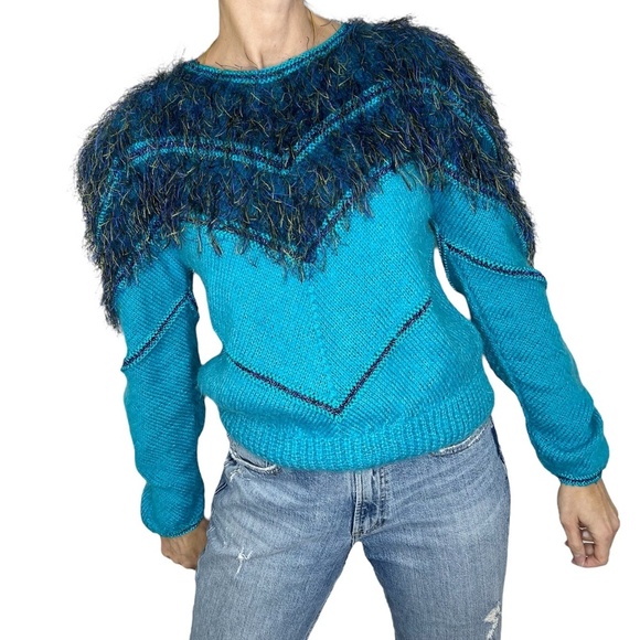 Vintage 80s 90s neon blue eyelash feather fringe pullover sweater - Picture 4 of 11